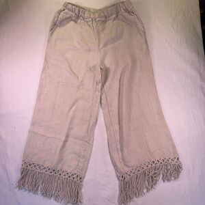 Light Tan Made in Italy Crochet Lace Fringe Linen Pull On Wide Leg Pants Medium